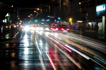 Fototapeta na wymiar Photo of night city lights and traffic speeding by cars. Bokeh effect background. Generative AI