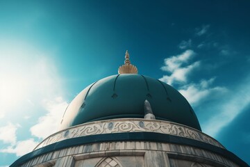 Mosque dome against a blue sky for Muslim celebration. Elegant Islamic banner for products. Religious background. Generative AI