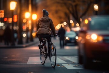 Photo of a person riding a bike in the city crowd under the lights at night in the city, and among the crowds of people. Generative AI.