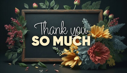Blackboard thank you message dark background concept with flowers generative ai