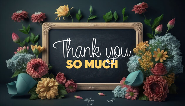 Blackboard thank you message dark background concept with flowers generative ai