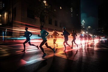 Photo of an athletes jogging in front of bokeh lights at night in the city. Generative AI