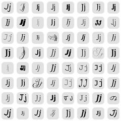 Letter J in different fonts on white background. Type design collection on grey buttons. Vector illustration.