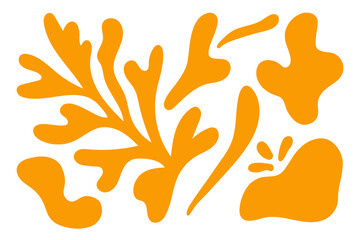 Naklejka premium Matisse abstract floral algae shapes in trendy contemporary organic style. composition Doodle painted aestethic flower and leaf. Botanic vector illustration in yellow color on the white background.