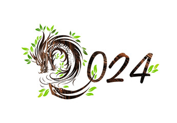 Symbol of Happy Chinese New Year 2024 green Dragon. Symbol of 2024. Wooden green dragon. Vector illustration greeting card. Zodiac sign,