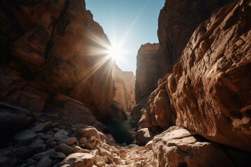Canyon with bright sun shining through narrow opening. Generative AI