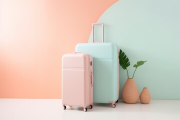 Suitcases on pastel blue background minimal creative vacation holidays trip plane map pin. travel concept