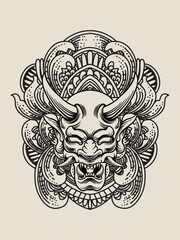 head illustration with engraving ornament