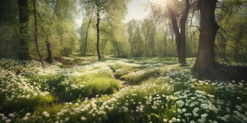 Fototapeta na wymiar Beautiful spring forest background nature with blooming glade, trees and blue sky on a sunny day
