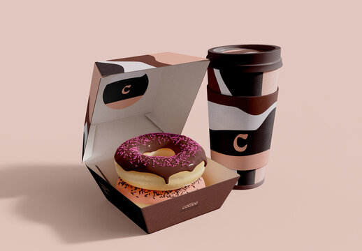 Coffee Cup and Donuts Box Mockup