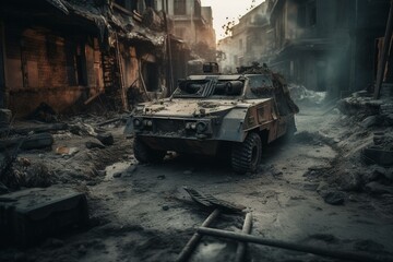 Fototapeta na wymiar Devastation caused by military conflict with wreckage of armored vehicle in urban area. Generative AI