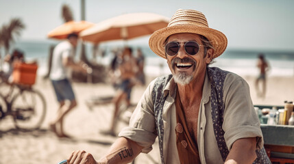 A middle - aged man wearing a straw hat and sunglasses riding a bicycle, with a beach in the background - ai generative