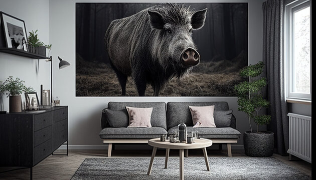 Wildschwein im Wohnzimmer, kommt aus dem Bild an der Wand, Wohndesign, Wohnzimmer Gestaltung, Ideen, Generative AI