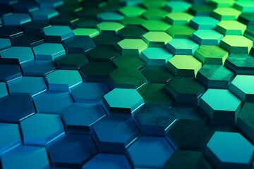 3D rendering of vibrant green and blue hexagon pattern. Generative AI