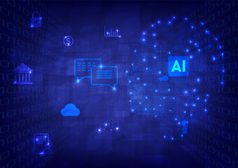 technology abstract The future of machine learning artificial intelligence Head shaped circuit with dot Glow and microchip Binary cube perspective with several icons on a blue gradient background