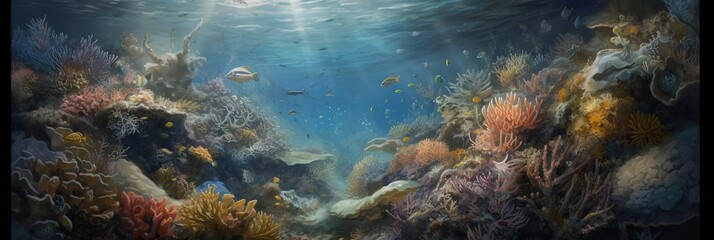 Obraz premium A chaotic yet harmonious mix of oceanic elements, including swirling waves, schools of fish, and coral reefs, concept of Natural interconnectedness, created with Generative AI technology