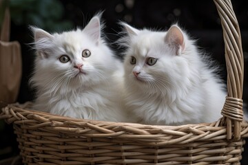 Fototapeta na wymiar Adorable Fluffy White Kitten Sitting in a Wicker Basket - Cuteness Overload. Generative AI
