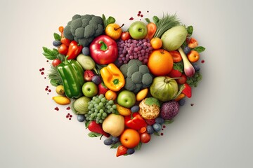 Naklejka na ściany i meble Cardiovascular Care: Horizontal Abstract Realistic Illustrated Love Heart of Fresh Vegetables and Fruits on Light Background: Generative AI