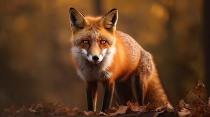 Naklejka na ściany i meble Common Red Fox Vixen Hunts and Stares in the Orange Glow of Autumn Sunrise. Generative AI