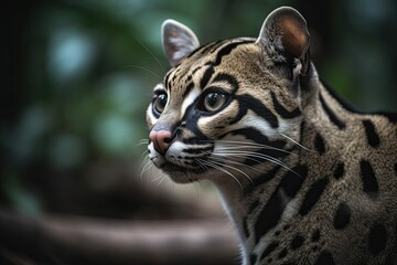 Close-up Portrait of an Endangered White-Furred Wildcat: The Majestic Margay in the Forest, Generative AI