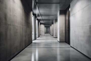 Cement and Concrete Hallway: Abstract Architecture in a Steel-Lined Corridor with Empty Rooms and a Grungy Interior, Generative AI