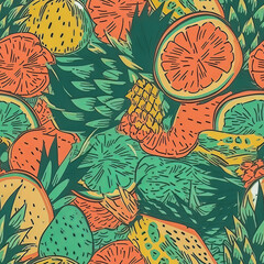 Hawaii Style seamless pattern in Art Design Ananas and fruits