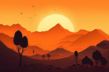 The Vivid Beauty of a Desert Sunrise: A Modern Landscape Illustration in Orange, Sand and Sky: Generative AI