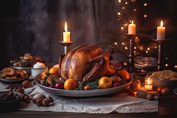 Tasty Christmas Celebration: Turkey Roast with Stuffing on a Festive Dinner Table Decorated with Bokeh Lights and Candles, Generative AI