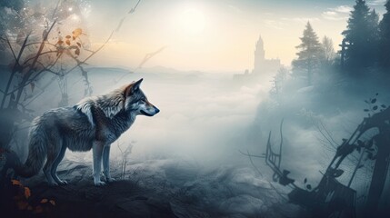 Witness a Mysterious Wolf's Hunt in a Beautiful, Magical and Colourful Fantasy Landscape with Fog and Ruins. Generative AI