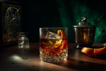 A bourbon cocktail with vermouth, bitters, and orange served over ice on a dark green background with hard light and shadow pattern. Generative AI - obrazy, fototapety, plakaty