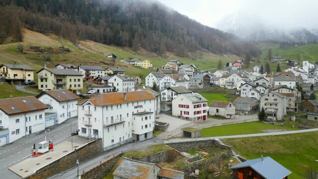 Simplon Village at Simplon Pass in Switzerland - aerial view by drone