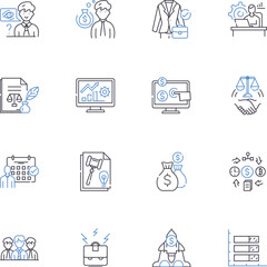 Fototapeta premium Contract management line icons collection. Negotiation, Procurement, Compliance, Risk, Legal, Transparency, Efficiency vector and linear illustration. Accountability,Clauses,Governance Generative AI
