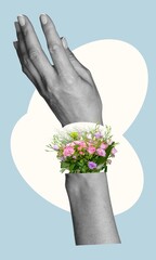 Creative collage of arm and fresh flowers