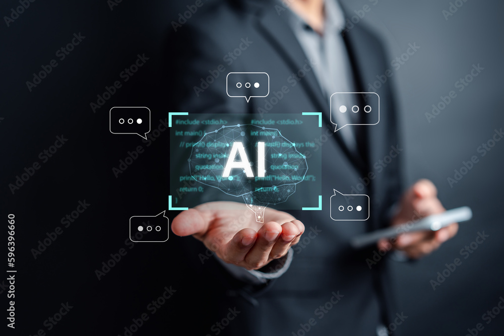 Poster Ai Technology System. Businessman using chat bot intelligence Ai. Chat with AI Artificial Intelligence, developed by OpenAI generate. Futuristic technology, robot in online system.