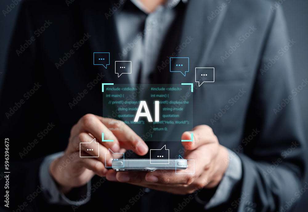 Poster Ai Technology System. Businessman using chat bot intelligence Ai. Chat with AI Artificial Intelligence, developed by OpenAI generate. Futuristic technology, robot in online system.