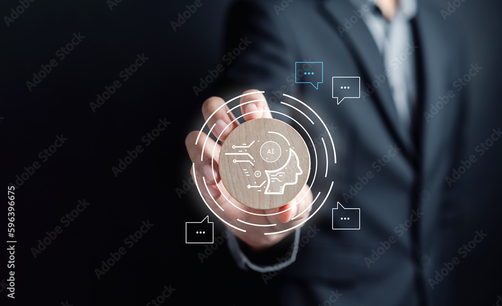 Aufkleber Ai Technology System. Businessman holding wooden block with chat bot intelligence Ai icon. Chat with AI Artificial Intelligence, developed by OpenAI generate. Futuristic technology, robot in online.