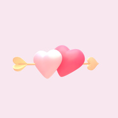 3d rendered hearts with an arrow object on pink background.