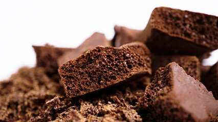 Close-up of a pile of grated porous chocolate for confectionery