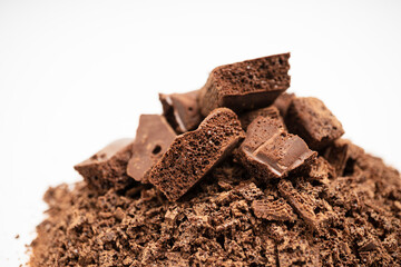 Close-up of a pile of grated porous chocolate for confectionery