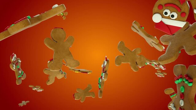Christmas gingerbread cookies flying in slow motion