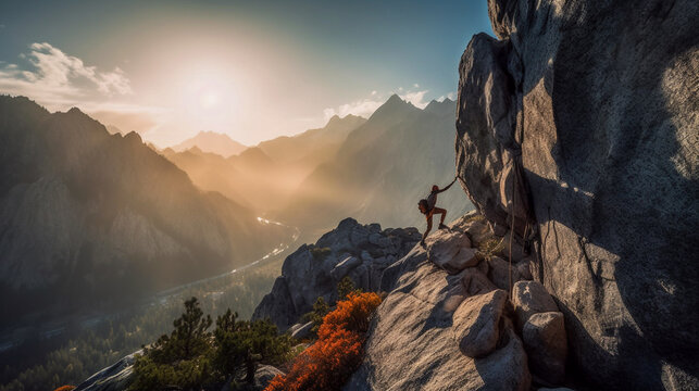 A Rock Climber Scaling A Sheer Cliff Face With A Beautiful Mountain Range In The Background - Ai Generative