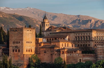 Charles V Palace and Church of Santa Maria de la Alhambra in medieval fortress complex with Sierra...