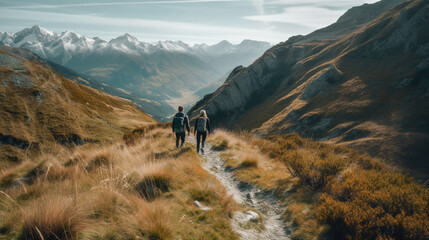 Fototapeta premium A couple hiking in the mountains, with breathtaking views of snow - capped peaks and lush green valleys - ai generative