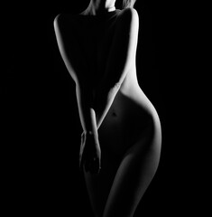 Naked woman silhouette in the dark. A beautiful girl with a naked body. Black and white portrait