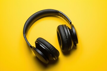 Fototapeta na wymiar Headphones on a yellow background. Creative promotional photo earphones.