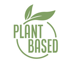 Plant based logo. Circular shape base with plant leaf. Vegan and vegetarian friendly badge.