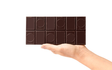 Bar of chocolate in hand on a white background