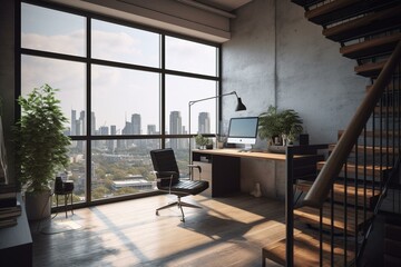 Contemporary upstairs office w/ blank mock banner, furnishings, cityscape outlook & wide window. Digital conceptualization. Generative AI