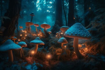 Enchanted forest with psychedelic mushrooms. Illustrating fairy tales, mysticism, and hallucinogens. Generative AI