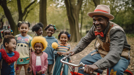 A man in a clown costume riding a bicycle with a group of laughing children partying in the background - ai generative